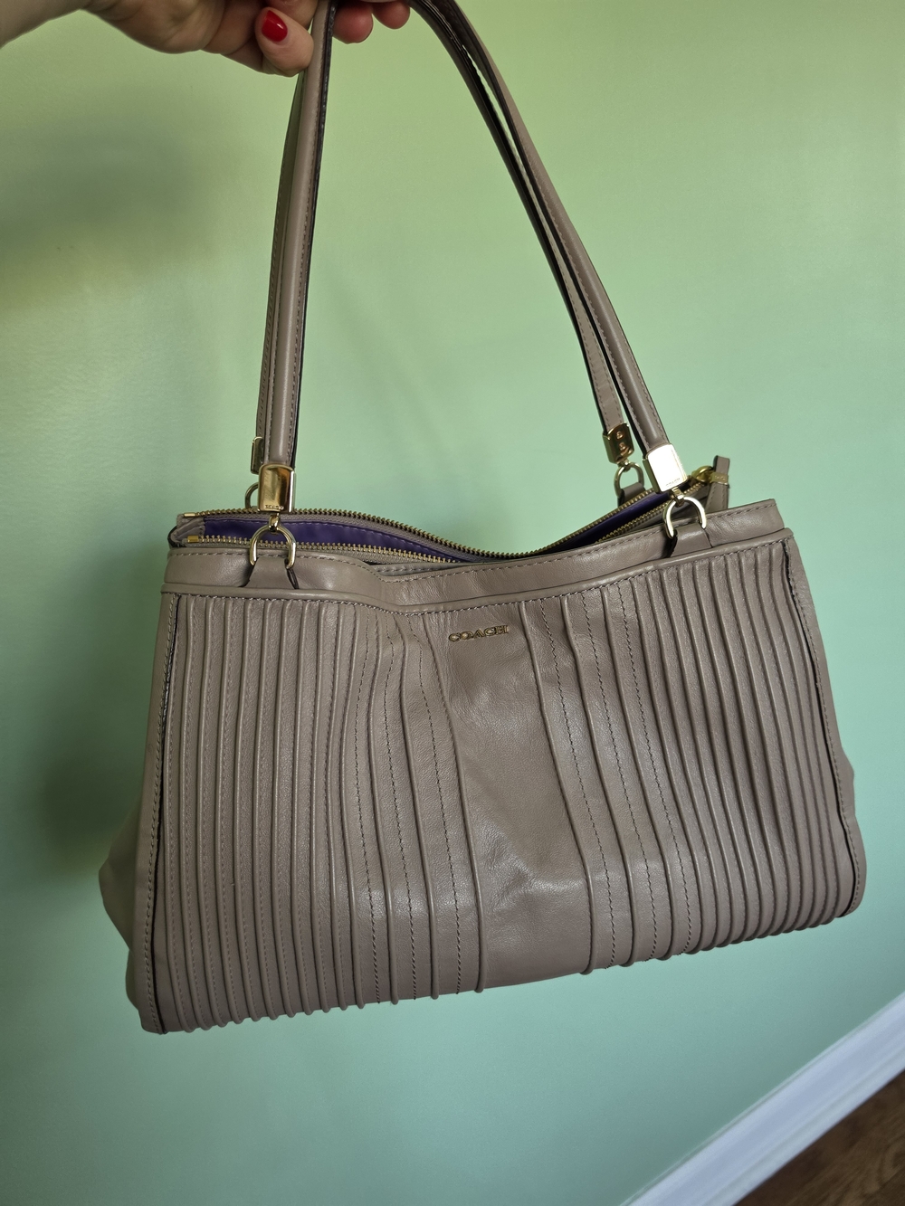 Coach Madison Pintuck Leather Cafe Carryall Satchel Shoulder Bag 27889 Brown